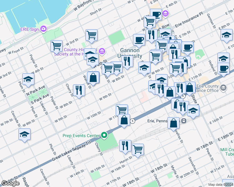 map of restaurants, bars, coffee shops, grocery stores, and more near 356 West 10th Street in Erie
