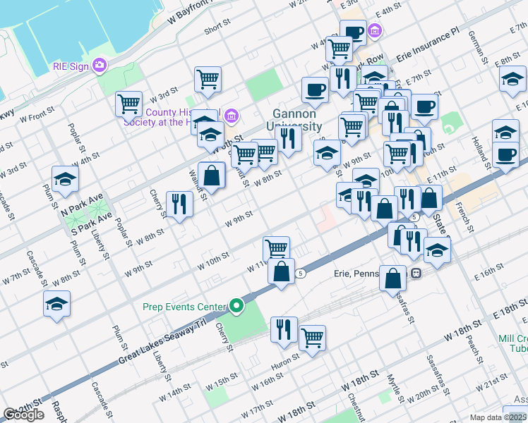 map of restaurants, bars, coffee shops, grocery stores, and more near 356 West 10th Street in Erie