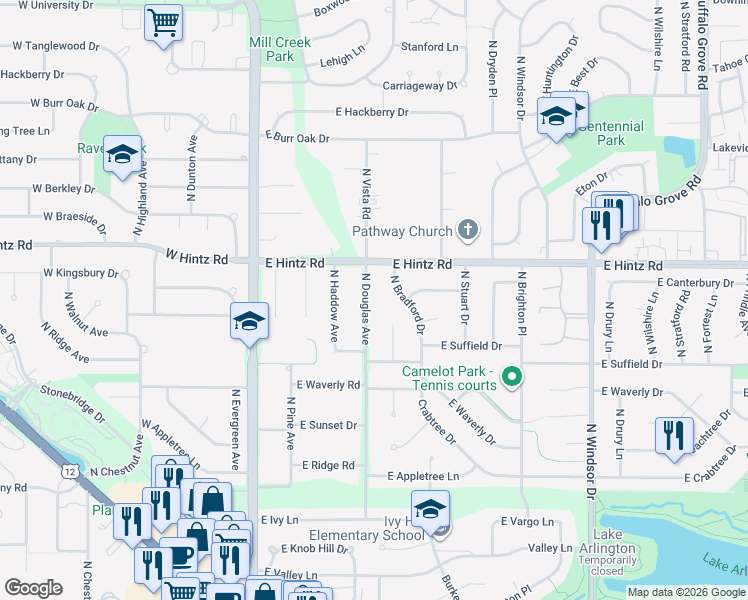 map of restaurants, bars, coffee shops, grocery stores, and more near 2619 North Douglas Avenue in Arlington Heights
