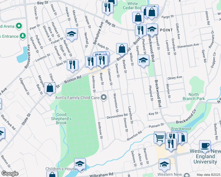 map of restaurants, bars, coffee shops, grocery stores, and more near 86 Coleman Street in Springfield