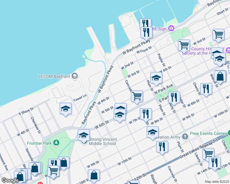 map of restaurants, bars, coffee shops, grocery stores, and more near 1052 West 4th Street in Erie