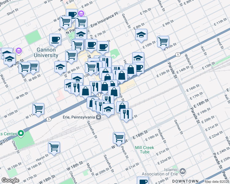 map of restaurants, bars, coffee shops, grocery stores, and more near 1225 State Street in Erie