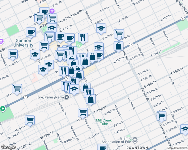 map of restaurants, bars, coffee shops, grocery stores, and more near 310 Lovell Place in Erie