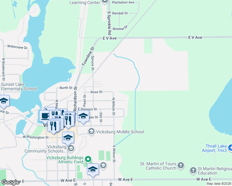 map of restaurants, bars, coffee shops, grocery stores, and more near 601 East Vine Street in Vicksburg