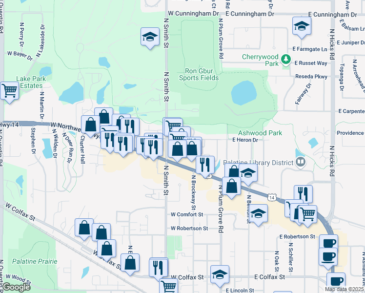 map of restaurants, bars, coffee shops, grocery stores, and more near 134 West Northwest Highway in Palatine
