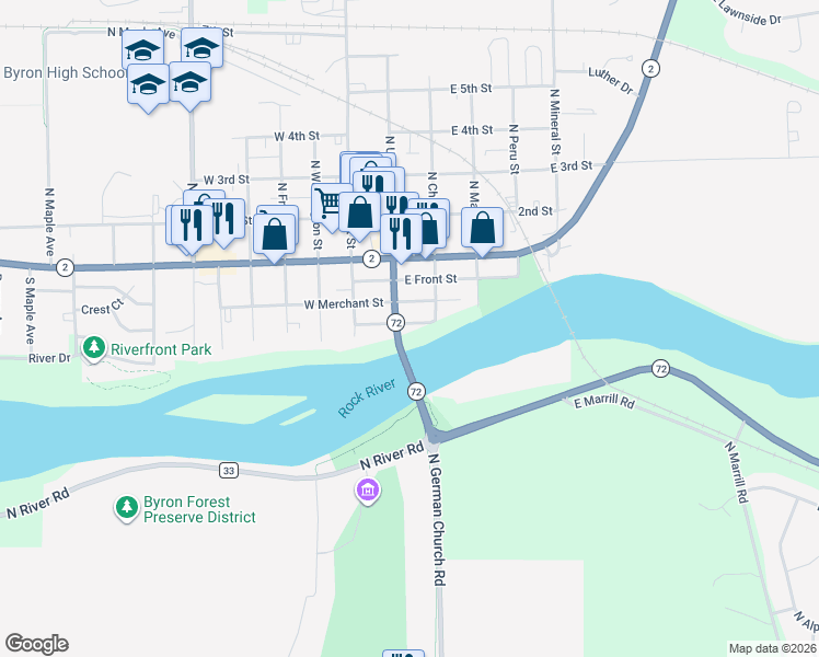 map of restaurants, bars, coffee shops, grocery stores, and more near 108 East Diamond Street in Byron