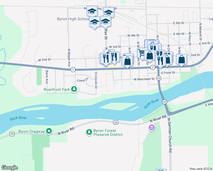 map of restaurants, bars, coffee shops, grocery stores, and more near 325 South Colfax Street in Byron