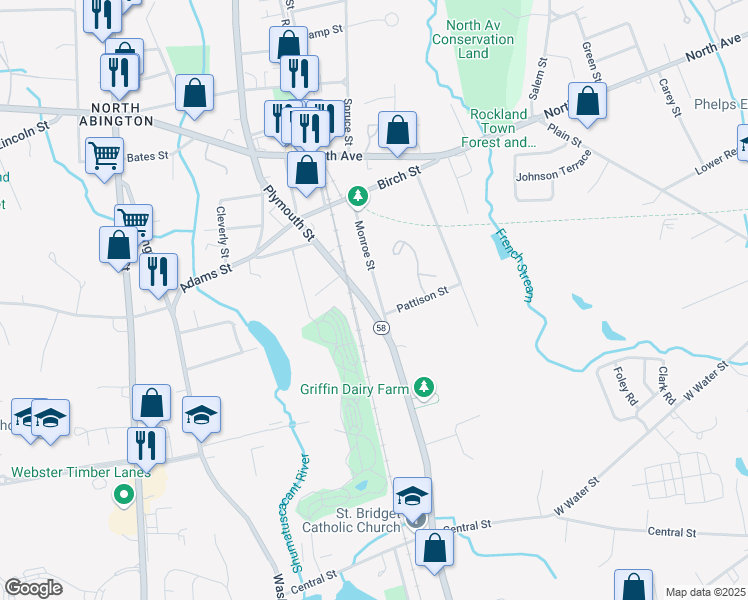 map of restaurants, bars, coffee shops, grocery stores, and more near 197 Plymouth Street in Abington