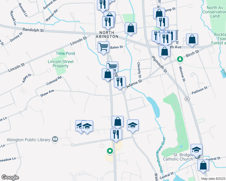 map of restaurants, bars, coffee shops, grocery stores, and more near 22 Shaw Avenue in Abington