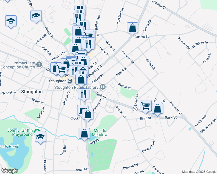 map of restaurants, bars, coffee shops, grocery stores, and more near 101 Walnut Street in Stoughton