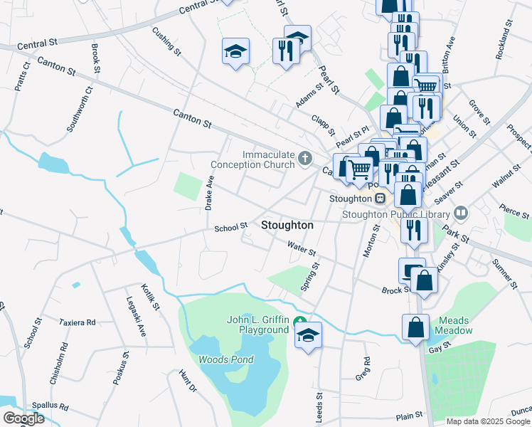 map of restaurants, bars, coffee shops, grocery stores, and more near 165 Water Street in Stoughton
