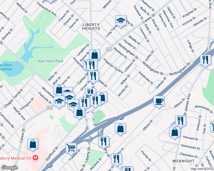 map of restaurants, bars, coffee shops, grocery stores, and more near 17 Cherrelyn Street in Springfield