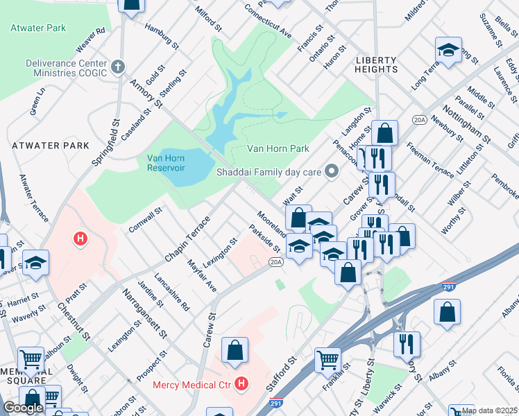 map of restaurants, bars, coffee shops, grocery stores, and more near 87-89 Parkside Street in Springfield