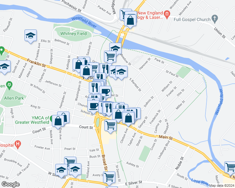 map of restaurants, bars, coffee shops, grocery stores, and more near 42 Mechanic Street in Westfield