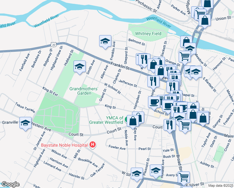 map of restaurants, bars, coffee shops, grocery stores, and more near 20 West School Street in Westfield