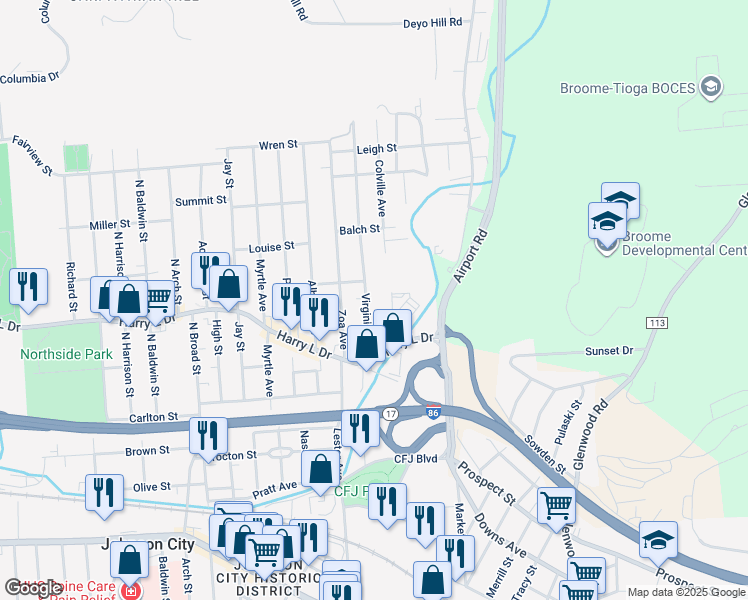 map of restaurants, bars, coffee shops, grocery stores, and more near 57 Virginia Avenue in Johnson City
