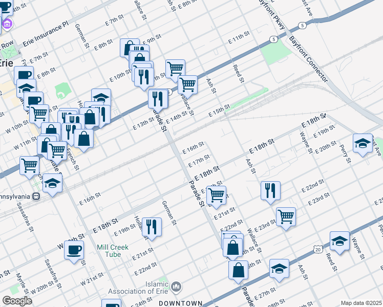 map of restaurants, bars, coffee shops, grocery stores, and more near Sunbury Street in Erie