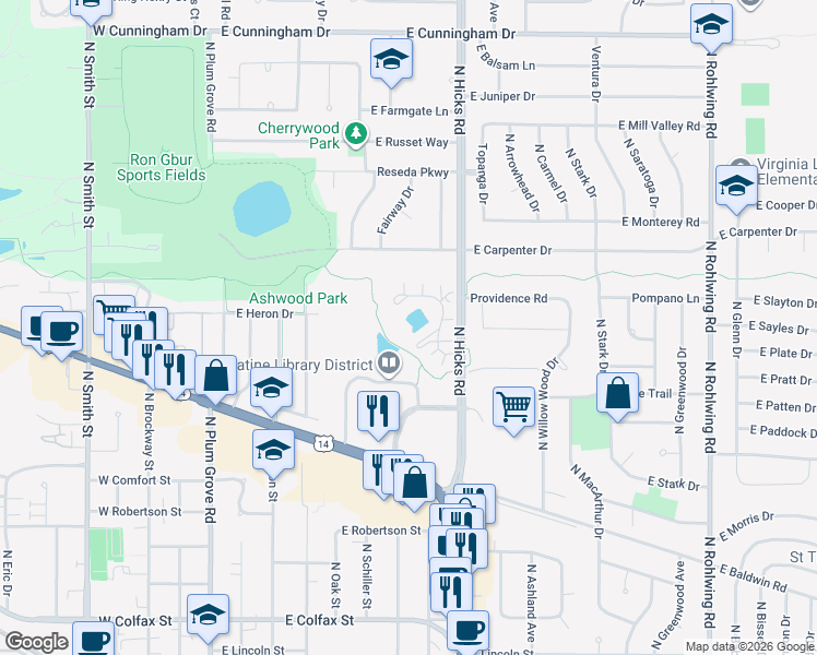 map of restaurants, bars, coffee shops, grocery stores, and more near 2 Renaissance Place in Palatine