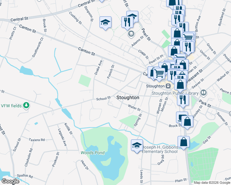 map of restaurants, bars, coffee shops, grocery stores, and more near 293 School Street in Stoughton