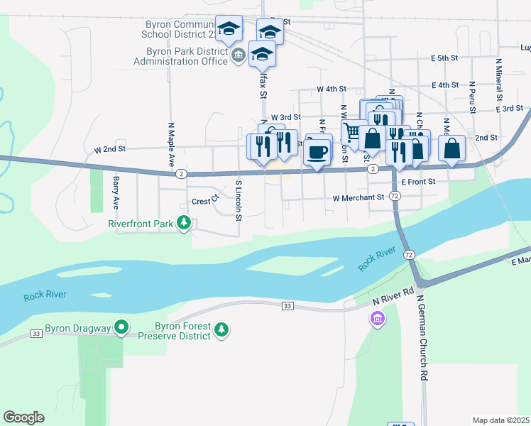 map of restaurants, bars, coffee shops, grocery stores, and more near 325 South Colfax Street in Byron