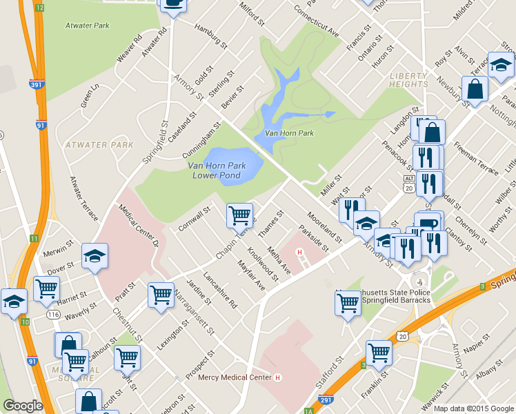 map of restaurants, bars, coffee shops, grocery stores, and more near 294 Chapin Terrace in Springfield