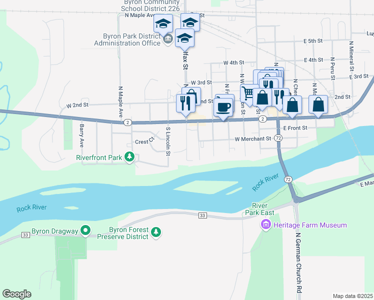 map of restaurants, bars, coffee shops, grocery stores, and more near 325 South Colfax Street in Byron