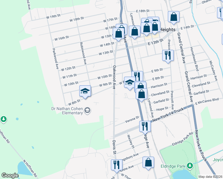 map of restaurants, bars, coffee shops, grocery stores, and more near 149 Oakwood Avenue in Elmira