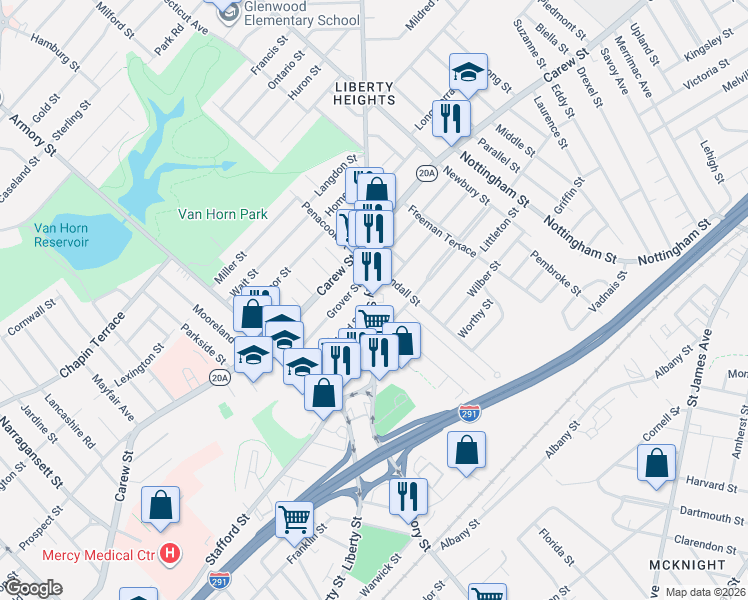 map of restaurants, bars, coffee shops, grocery stores, and more near 747 Liberty Street in Springfield