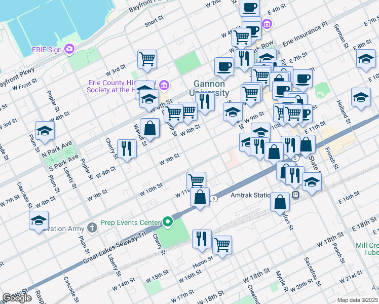 map of restaurants, bars, coffee shops, grocery stores, and more near 353 West 9th Street in Erie
