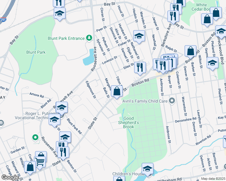 map of restaurants, bars, coffee shops, grocery stores, and more near 21-23 Margerie Street in Springfield