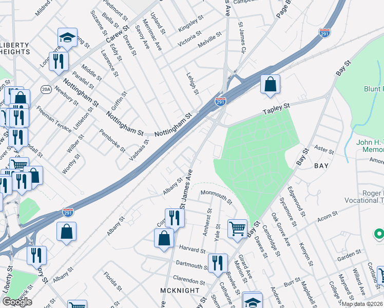 map of restaurants, bars, coffee shops, grocery stores, and more near 512 Saint James Avenue in Springfield