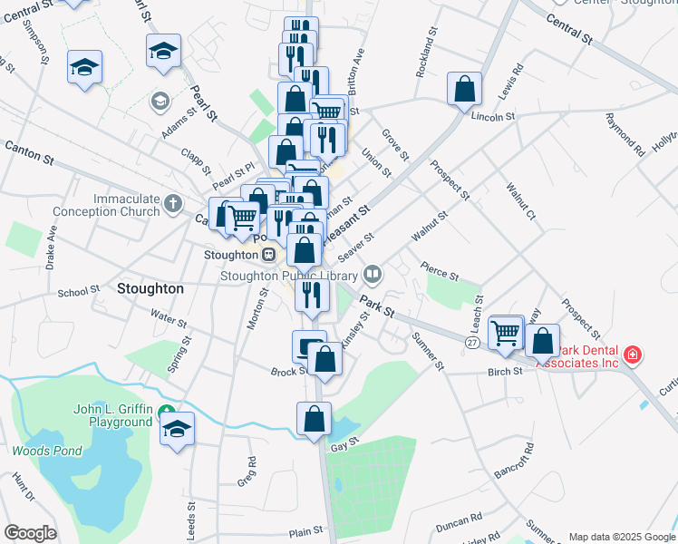 map of restaurants, bars, coffee shops, grocery stores, and more near 40 Park Street in Stoughton