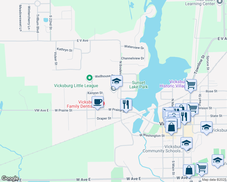 map of restaurants, bars, coffee shops, grocery stores, and more near 201 North Boulevard Street in Vicksburg