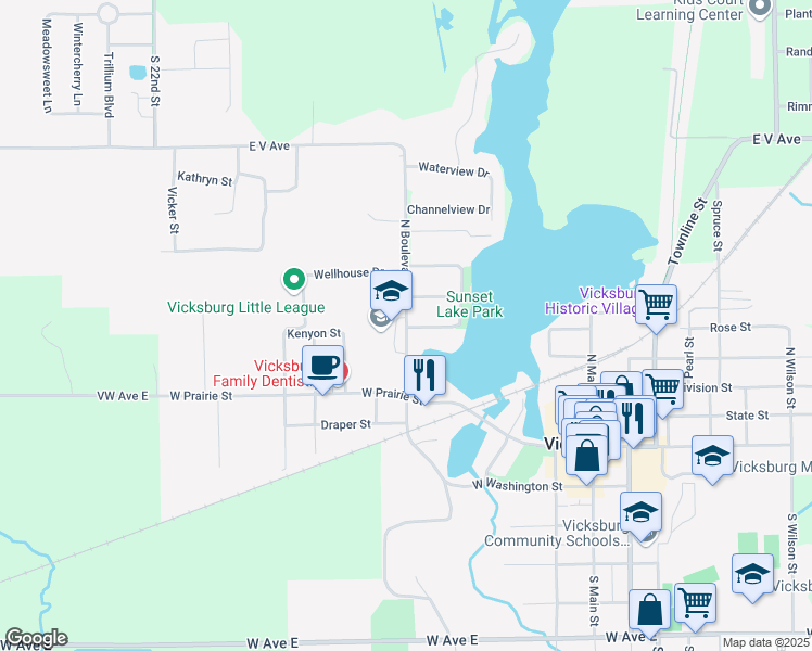 map of restaurants, bars, coffee shops, grocery stores, and more near 201 North Boulevard Street in Vicksburg