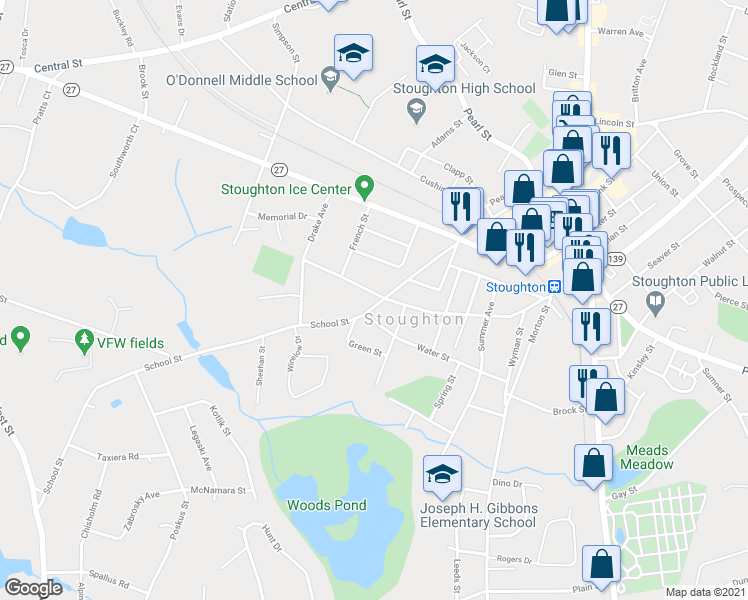 map of restaurants, bars, coffee shops, grocery stores, and more near 165 Water Street in Stoughton