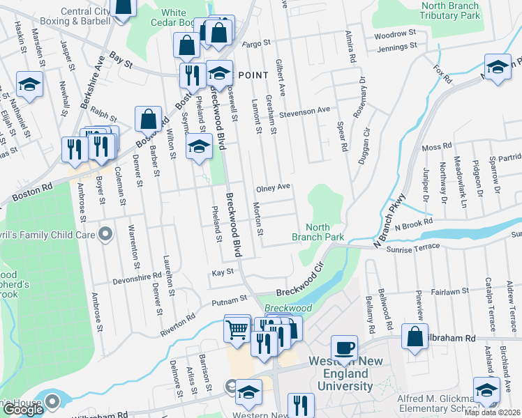 map of restaurants, bars, coffee shops, grocery stores, and more near 289 Morton Street in Springfield