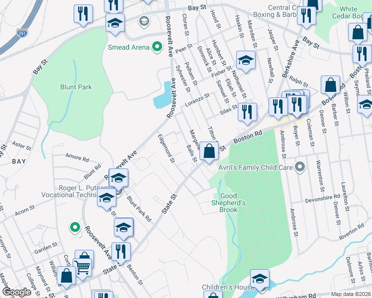 map of restaurants, bars, coffee shops, grocery stores, and more near 26 Eldert Street in Springfield