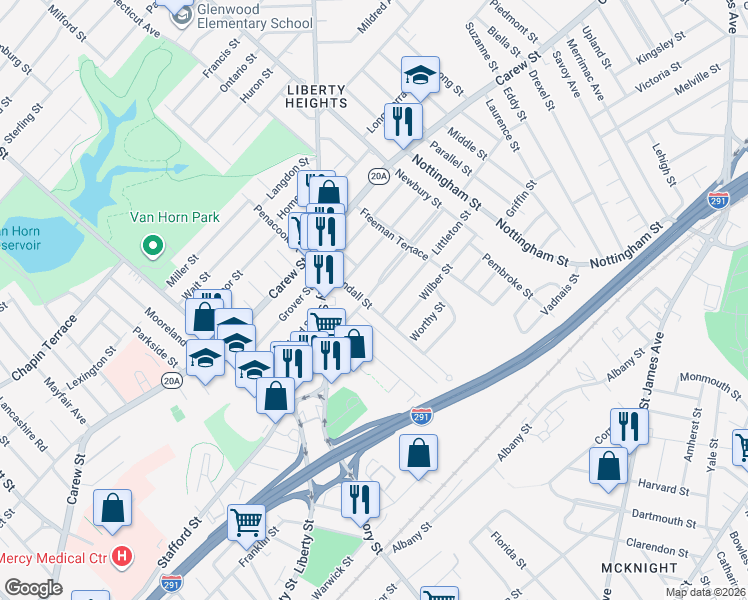 map of restaurants, bars, coffee shops, grocery stores, and more near 17 Cherrelyn Street in Springfield