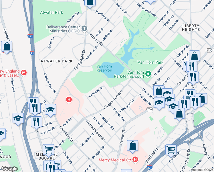 map of restaurants, bars, coffee shops, grocery stores, and more near 147 Knollwood Street in Springfield