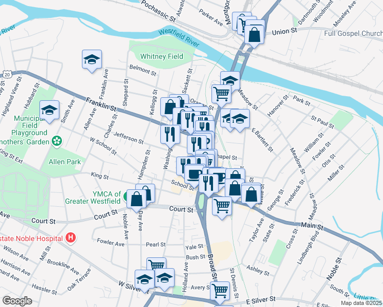 map of restaurants, bars, coffee shops, grocery stores, and more near 26 Arnold Street in Westfield