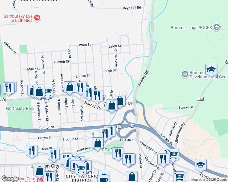 map of restaurants, bars, coffee shops, grocery stores, and more near 57 Virginia Avenue in Johnson City