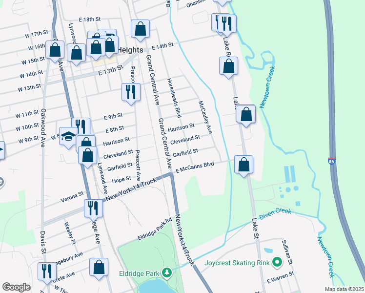 map of restaurants, bars, coffee shops, grocery stores, and more near 325 Garfield Street in Elmira Heights
