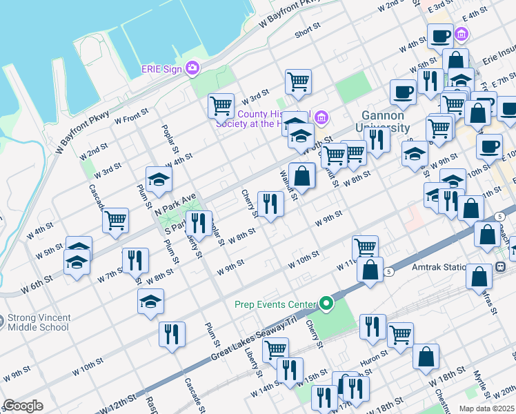 map of restaurants, bars, coffee shops, grocery stores, and more near 556 West 8th Street in Erie