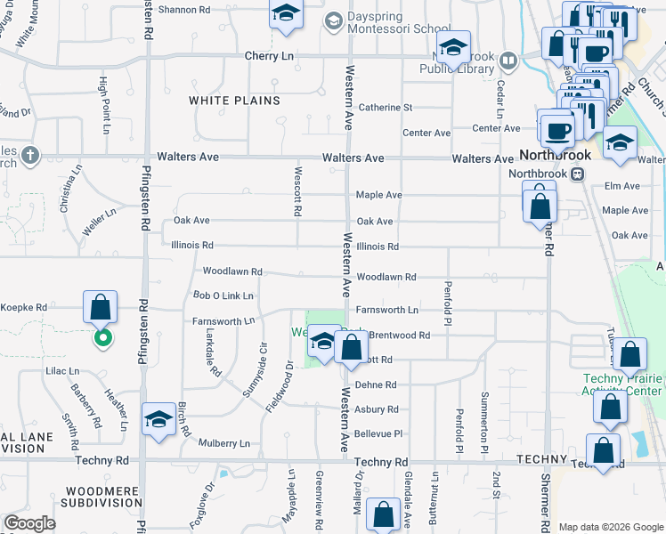 map of restaurants, bars, coffee shops, grocery stores, and more near 2443 Woodlawn Road in Northbrook