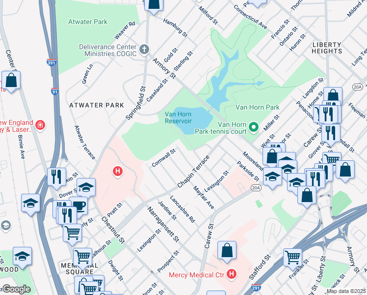 map of restaurants, bars, coffee shops, grocery stores, and more near 147 Knollwood Street in Springfield