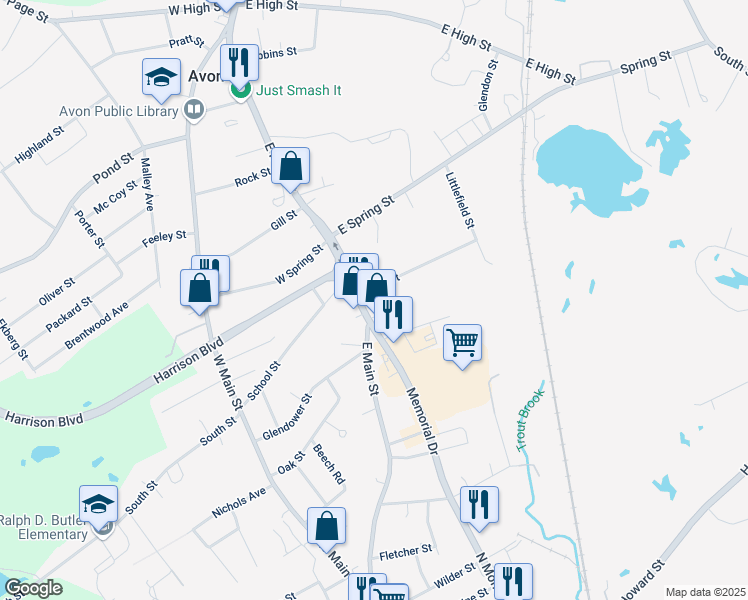 map of restaurants, bars, coffee shops, grocery stores, and more near 2 Memorial Drive in Avon