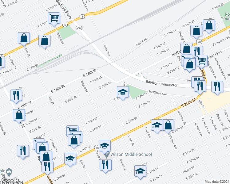 map of restaurants, bars, coffee shops, grocery stores, and more near 927 East 21st Street in Erie