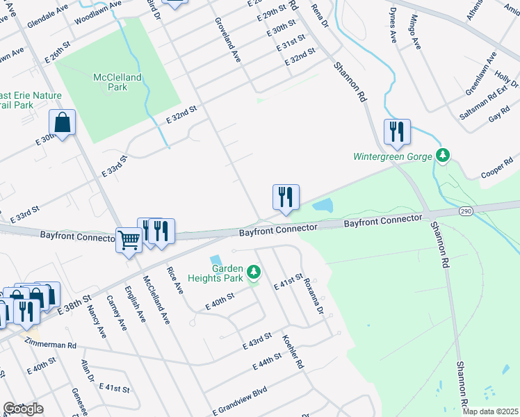 map of restaurants, bars, coffee shops, grocery stores, and more near 2640 East 38th Street in Erie