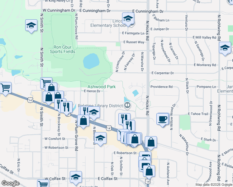 map of restaurants, bars, coffee shops, grocery stores, and more near 1 Renaissance Place in Palatine