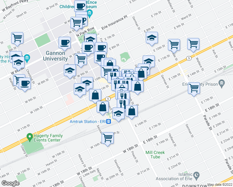 map of restaurants, bars, coffee shops, grocery stores, and more near 0 Highway 5 in Erie